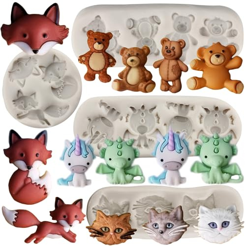 MYPRACS 4 Stück Katzenkopf Fuchs Einhorn Bär Silikon Fondantformen | Zucker Gummipaste Süßigkeiten Schokolade Kuchendekoration