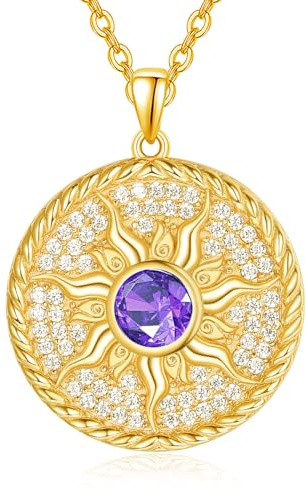 AENEAS 14 Karat vergoldete Sonnen-Halskette für Damen, 925er-Sterlingsilber, Geburtsstein, Sonne, Münze, Halskette, Sonnenschmuck, Geschenke für Frauen und Mädchen, Sterling Silber, Amethyst