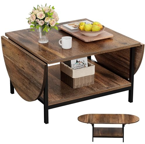 SAYGOER Folding Coffee Table for Living Room, Small Coffee Tables with 2-Tier Storage, Mid Century Modern Center Table for Small Space, Oval Farmhouse Table Square, Dark Brown