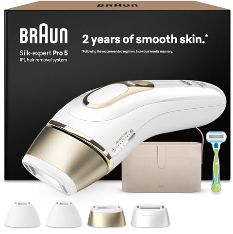 Braun Silk·expert Pro 5 Epilatore Luce Pulsata, Depilatore Corpo Donna, Alternativa al Laser Peli, Con Rasoio Donna Venus e 4 Testine, Luce Pulsata Braun, Idea Regalo, Bianco/Oro PL5342