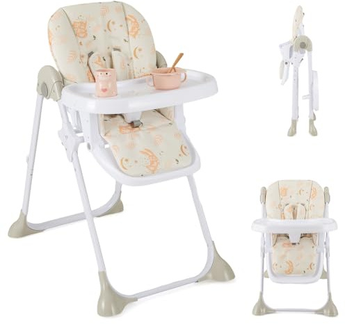 COSTWAY Baby Highchair, Height Adjustable Feeding High Chairs with Removable Tray, 5 Point Harness and Wheels, Folding Toddler Recliner for 6-36 Months (Orange)