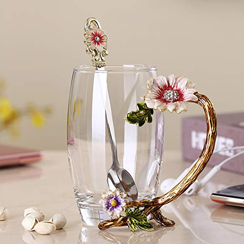 PPEA Glas Kaffee Emaille Becher Beste Geburtstagsgeschenke für Mama Bleifreie Glas Kaffeetassen Teetasse mit Stahllöffel, Geschenke für Frauen Frau Mum Lehrer Freunde Weihnachten