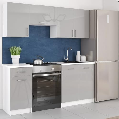 roe furniture Küchenzeile ohne Elektrogeräte - Modern Einbauküche 180 cm - Küche Komplett Leco - Küchenblock - Geräumige Singleküche - Küchenmöbel Komplett Grauer Hochglanz & Weiße Arbeitsplatte