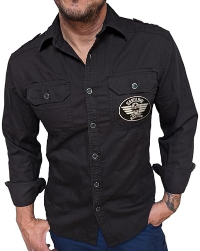 Gasoline Bandit Schweres Biker Racer Worker Herren-Jeans-Hemd mit Stick Patch tailliert schwarz - Reine Baumwolle