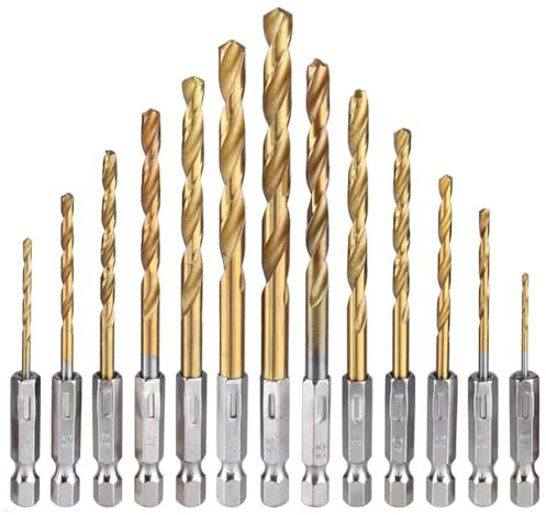 HaoTrade 13Pcs Titanium Coated HSS Twist Drill Bits, HSS Twist Drill, 1/4 Hex Shank High Speed Steel Drill Bit Set, Titanium Drill Bits Set, for Wood, Stainless Steel, Metal, Plastic (1.5mm-6.5mm)