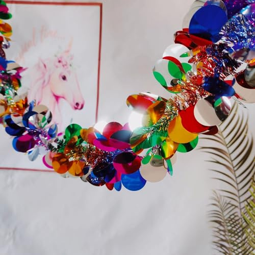 6 Stück Glänzend Party Lametta Girlande mit Rund Fransen,2M Hängende Metallic Lametta,Weihnachtsbaum Dekoration Girlande,für Geburtstag,Hochzeit,Abschluss Party,Karneval,Weihnachten,Regenbogen