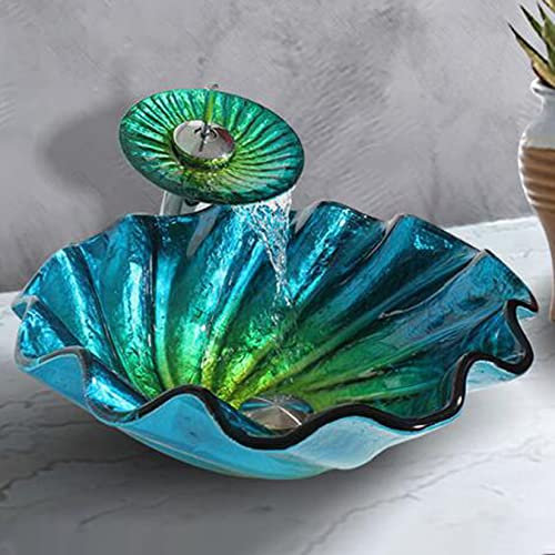 HDMOZUYT Badezimmer-Waschbecken, modernes Waschbecken aus gehärtetem Glas in Blumenform, über der Theke, Waschschüssel mit Wasserfall-Wasserhahn und Pop-Up-Ablaufgarnitur