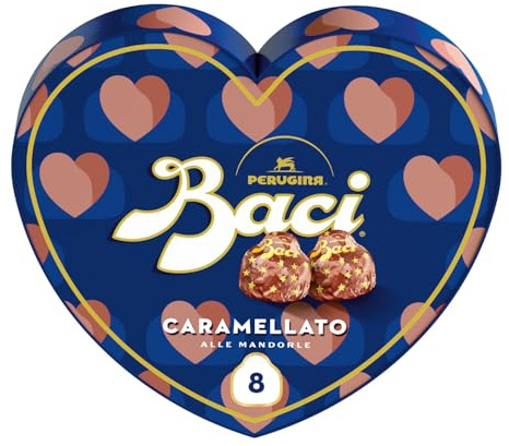 BACI PERUGINA Caramellato alle Mandorle Cioccolatini Fondenti ripieni al Gianduia, Scatola Cuore San Valentino 100g