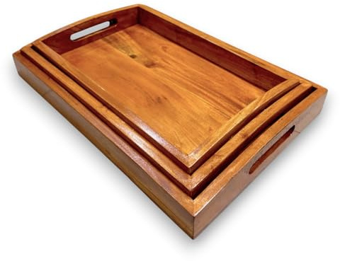 Wooden Serving Tray - Set of 3 | Acacia Wood Handcrafted Premium Wood Trays for Kitchen, Dining & Décor