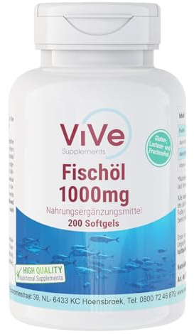 Fiskolja - 200 softgels - 3000 mg per dagsdos - med EPA, DHA och vitamin E - Högdoserad - Biotillgänglig - Kvalitet från Tyskland - ViVe Supplements