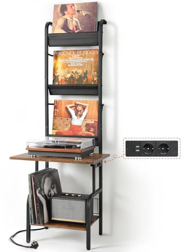 Bikoney Mueble Tocadiscos con Toma de Corriente, Soporte para Discos de Vinilo con Capacidad hasta 200 Álbumes y LP, Estante de Almacenamiento a 3 Niveles para Salón