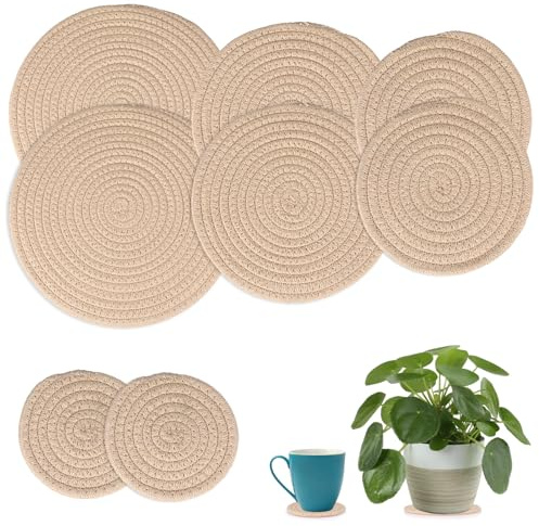 SUMTree 8pcs Rund geflochten Tischsets Baumwollseil Untersetzer, Saugfähig Blumentopf Matten, Hitzebeständig Topfuntersetzer für Tischschutz, Khaki Getränkeuntersetzer, Heimdeko (11cm,15cm,20cm,25cm)