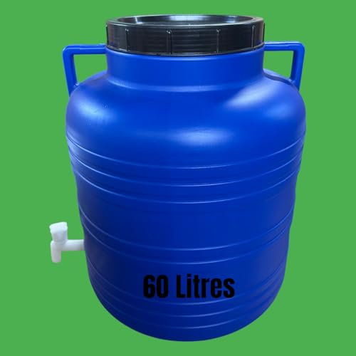 Jordan & Jordan - Réservoir Bidon Plastique Alimentaire 60 litres avec Couvercle Grande Ouverture et Robinet – Stockage Eau, Huiles, Fermentation Choucroute – Cuve Alimentaire et Robuste