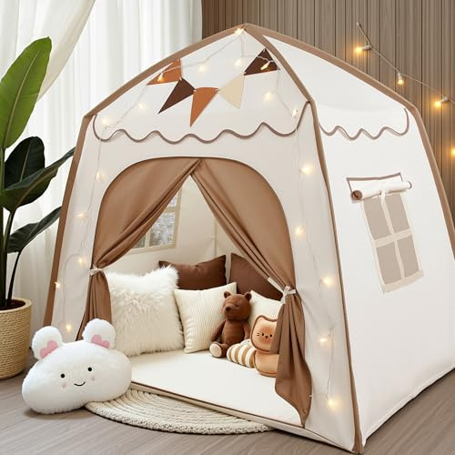 Hopeseily Kids Play Tent & Toddler Bed Tent, with Flags, Star String, Portable Bed Canopy for Boys & Girls, Children, Indoor Outdoor Teepee Dome Playhouse, 53 x 39 x 49