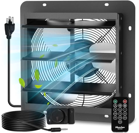 12” Wall Mounted Shutter Exhaust Fan - EC Motor, Remote ＆ Speed Controller, Aluminum Auto Shutter Ventilation Fan, Energy Efficient Low Noise Attic, Coops, Greenhouse, Barn, Garage, Shed Ventilator