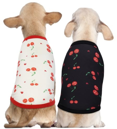 Hjumarayan 2er-Set Hunde Tshirt für Kleine Hunde, Kirsch-Print Sonnenschutz Tshirt Atmungsaktiv & Dehnbar Shirt Chihuahua Dünner Hundepullover für Frühling, Sommer & Herbst, Schwarz + Weiß XS