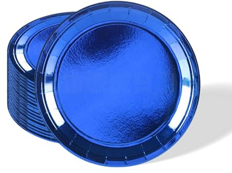 32 platos de papel metálicos de color azul real, platos de papel de aluminio de 7 pulgadas, platos de papel de fiesta redondos para Navidad, cumpleaños, boda, picnic, barbacoa, bar, restaurante y