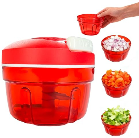 Tritatutto Manuale a Corda 300 ml,Taglia Verdure Manualemultifunzionale Dotato di Lame in Acciaio Inox per Tagliare Cipolla, Insalata, Noci, Pesto