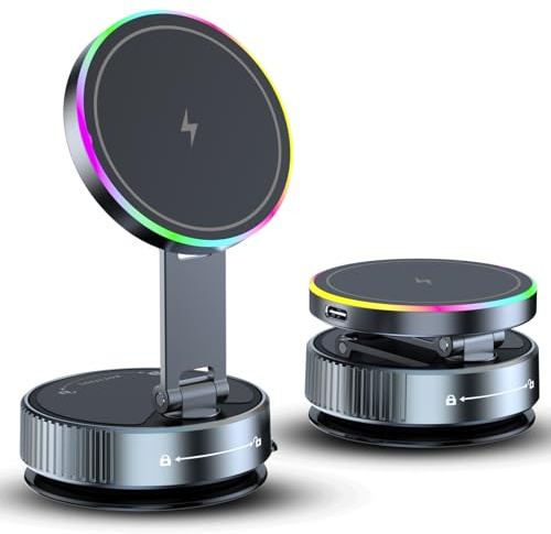 Briocht Magnetic Wireless Car Charger Mount - 15W Fast Charging with Vacuum Suction Base, 360° Adjustable Foldable Stand for All Phones on Dashboard Windscreen​