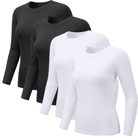 NuCamper 4 Packs Haut Thermique Femme Col Rond à Manches Longues T-Shirt Thermique Femme sous Vetement Chaud Léger Basic T-Shirt Top Slim Moulante Fit pour Hiver Automne Couleur Unie Tee Shirts