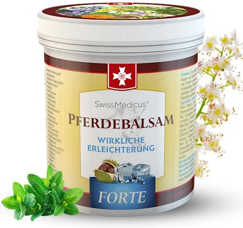 SwissMedicus Bálsamo de caballo forte – efecto frío - de 500 ml - que contiene extractos de 25 hierbas - Consuelda - castaño de Indias - enebro - árnica y eucalipto - Fyzio Gel