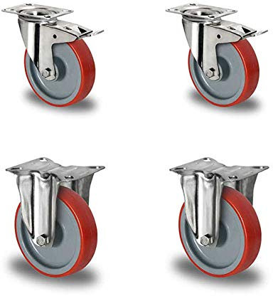 der ROLLENDE SHOP - Rollensatz 2 Lenkrollen mit Bremse und 2 Bockrollen 80 mm Durchmesser Polyurethan rot Edelstahl - Serie N2U6