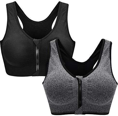 Zoerea Sports BH Damen Push Up Zip Front, 2er Pack Impact Yoga Bra, Gr.-L: Fit 80B 80C 85A 85B 85C, Schwarz und Grau