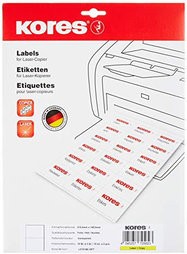 Kores Folien Etiketten transparent Laser+Kopierer DIN A5 210,0 x 148,0mm 10 Blatt 20 Etiketten, reißfest, wasserfest, abwaschbar L210148.10FT