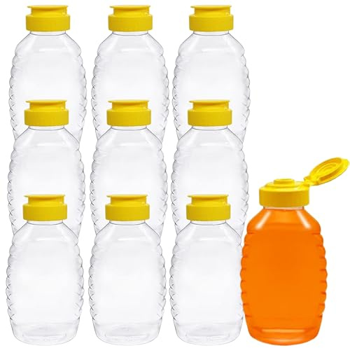 Skywin TidyFriend Honey Bottles 32 oz – 10 Pack Empty Honey Squeeze Bottle with Flip Lid & Seal, Clear Plastic Beehive Design, PET Containers