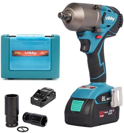 Vikky 20V 5,2Ah 1/2 Zoll Akku-Schlagschrauber-Set, Drehmoment 600 Nm (500 ft-lb), inklusive 2-teiligem Tiefloch-Schlagschrauber-Steckschlüsselsatz, metrischer Antrieb.