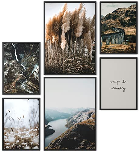 Papierschmiede® Mood Poster Set Rocks and Rivers, Bilder Wohnzimmer Deko Schlafzimmer, 2x 30x40 cm und 4x 21x30 cm, Pampasgras Fluss Berge Wald grün braun - Wandposter ohne Rahmen