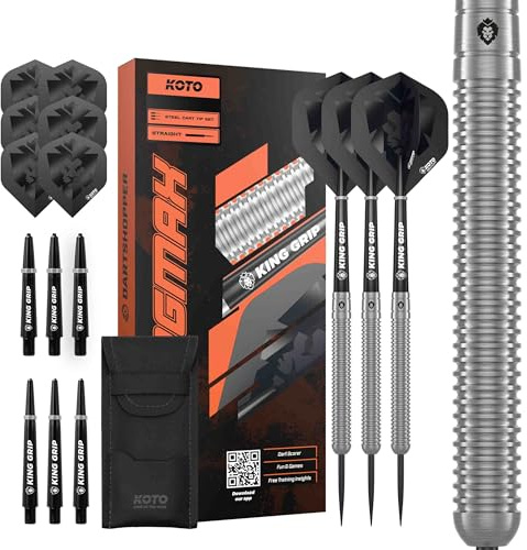KOTO - Kingmax 90% Tungsten Darts, 21-25G, Silber, Dartpfeile Inkl. 3 Barrels, 6 Flights & 6 Shafts | 25 G Steeldart Pfeile, Inkl. 3 Barrels, 6 Dart Flight & 6 Shaft, Zentrierte Balance, 50, 4mm