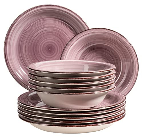 MÄSER 931951 Bel Tempo II - Juego de platos para 6 personas con aspecto vintage moderno, 12 piezas, pintado a mano, color morado y cerámica