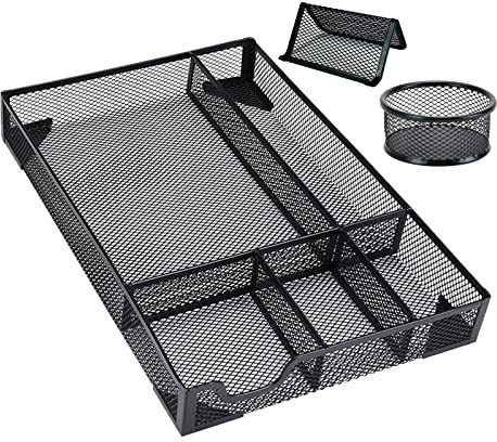 Aileese Desk Drawer Organizer Tray- Metal Mesh 5 Compartments Large Space,Multi-use Storage Box Set for Office,Bathroom,Kitchen Flatware,Makeup