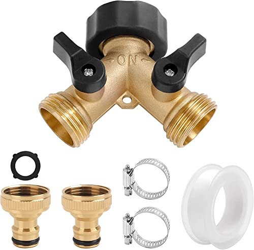yingd Garden Hose Splitter, 2 Way Hose Pipe Splitter, 3/4 Brass Tap Y Valve Splitter Hose Connector, Outdoor Hose Tap Connector, with Individual On/Off and Two Quick Connector