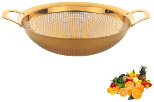 Stainless Steel Colander with Handle and Legs Drain Basket for Pasta, Spaghetti, Berry, Veggies, Fruits, Noodles, Salads, Fruit Colander Strainer Metal Rice Sieve Kitchen Utensils-Gold
