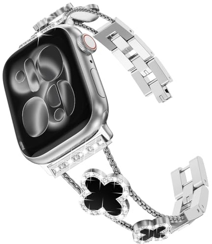 KADES Damen Ersatzarmband kompatibel mit Apple Watch Armband 46mm 45mm 44mm 42mm(Series 3 2 1),Glücks Vierblatt Diamant Edelstahl Gliederarmband für iWatch SE Series 11 10 9 8 7 6 5 4 3 2 1,Silber