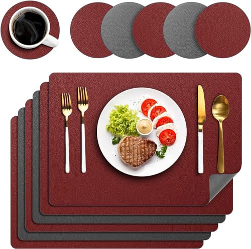 Platzsets Abwaschbar 6er Set, Tischsets Lederoptik Platzdeckchen Abwischbar Doppelseitiges Platzset mit Untersetzer für Küche, Haus, Restaurant, 43x30cm(Rot)