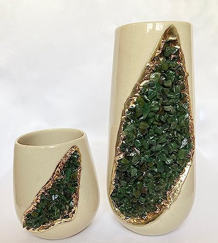 Cream and Gold Ceramic Vase/Planter/Pot/Wine Goblet/Mug with Green Semi - Precious Agate Crystal Gemstones |Small(Height 4 inch), (Gold - Finish)