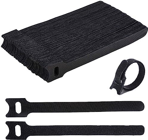 100 Pezzi Fascette Nere, 150 x 12 mm Riutilizzabili e Regolabili, Set Con Gancio e Anello Con Fibbia per Cavi TV, PC e Organizzazione Da Scrivania