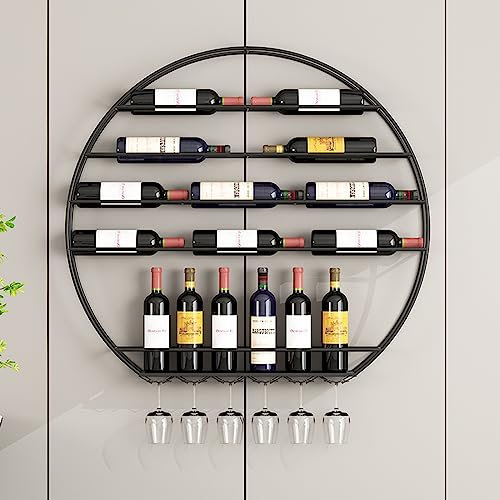 Weinregal Zur Wandmontage, Rund, Metall-Weinregal Zum Aufhängen, Modernes, Schlichtes Wand-Weinregal Für Küche, Wohnzimmer, Zuhause (Color : Black, Size : 80 * 75cm/31.4 * 29.5inch)
