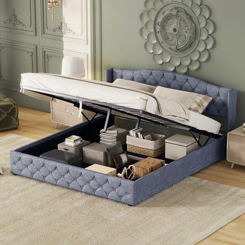 Kehun Polsterbett 180 x 200 cm, Doppelbett mit Kopfteil, Bett mit Lattenrost und Hydraulische Metallrahmen, Modernes Bettgestell mit Großem Stauraum, Leinen, Grau, Ohne Matratze