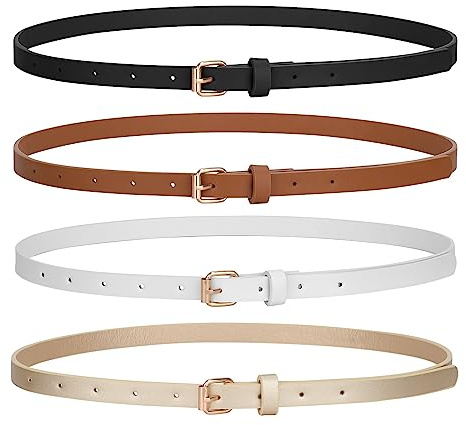 LEACOOLKEY 4 Stück Skinny Damen Ledergürtel für Kleider Dünner Taillengürtel für Jeans Hosen mit Goldschnalle