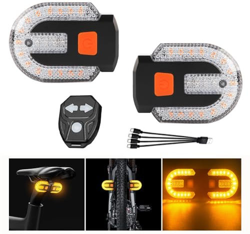 2Pcs Bicycle Turn Signal with Alarm, USB Charging Remote Control Split/Integrated Bicycle Tail Light 5 Modes Waterproof Strobe Lights Can be Mounted on Front and Rear of Bicycle (Yellow and White)