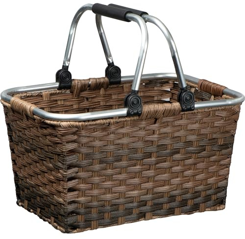 Cesta de Compras de ratán, Cesta de Picnic en Color marrón con asa Plegable de Aluminio Acolchada en Formato 41 x 30 x 25 cm