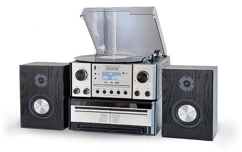 Steepletone HOUSTON Silver 6 in 1 Music Centre, Bluetooth Vinyl Record Player, Turntable with CD, Cassette, DAB+ / FM Radio, USB MP3 playback & Encoding, Remote Control, WIRELESS Stereo Speakers