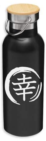 Japanese Kanji for Happiness Sun Japan Eco Thermoskanne, Edelstahl, Isolierflasche, Bambusdeckel