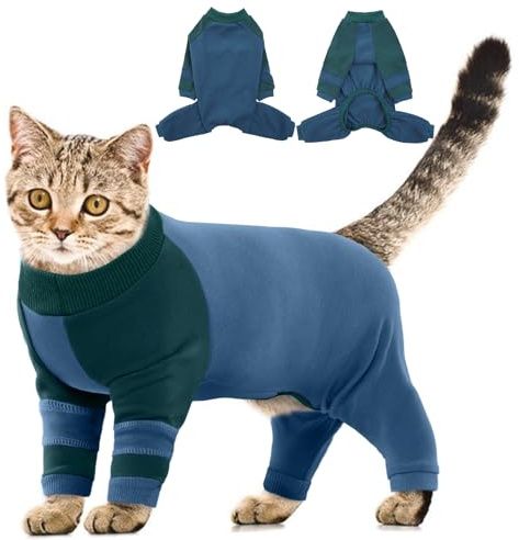 Sticky Hair Cat Clothes, Four-Leg Long Sleeve Cat Pajamas, Prevent Fur Shedding Kitten Onesie Shirts, Surgery Recovery Suit for Male Female, Wound Protection & Preventing Licking
