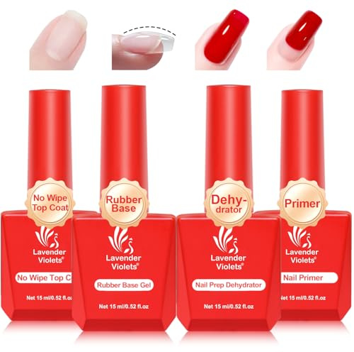 Lavender Violets 15ml x4 Nail Dehydrator and Primer for Gel Nails Rubber Base Gel Top Coat and Base Coat No Wipe UV Soak off Manicure Varnish Nail Bed Protection Long Lasting #2578