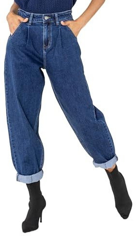 Nina Carter YY303 Jeans da donna a vita alta baggy – Pantaloni in denim larghi e casual con stretch effetto used, XS
